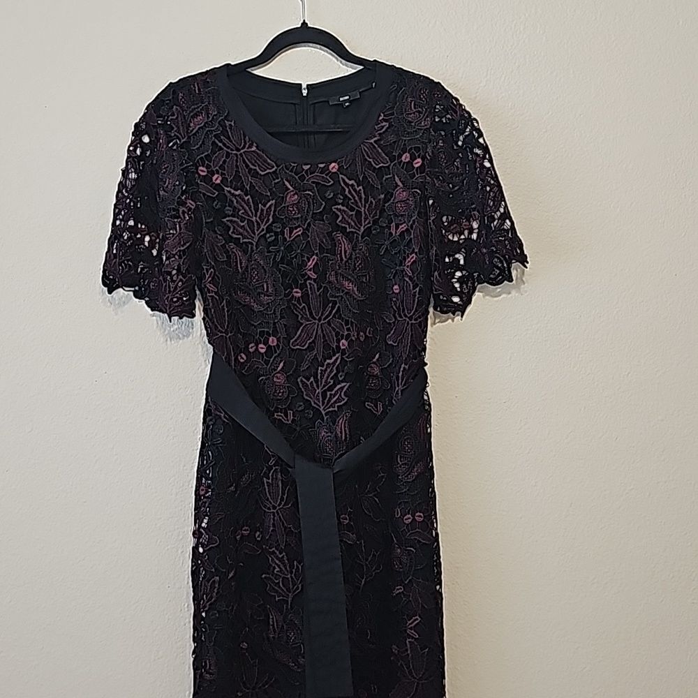 KOBI Embellished Lace Dress Short Sleeve Crew-Neck Belted Black Size‎ xs